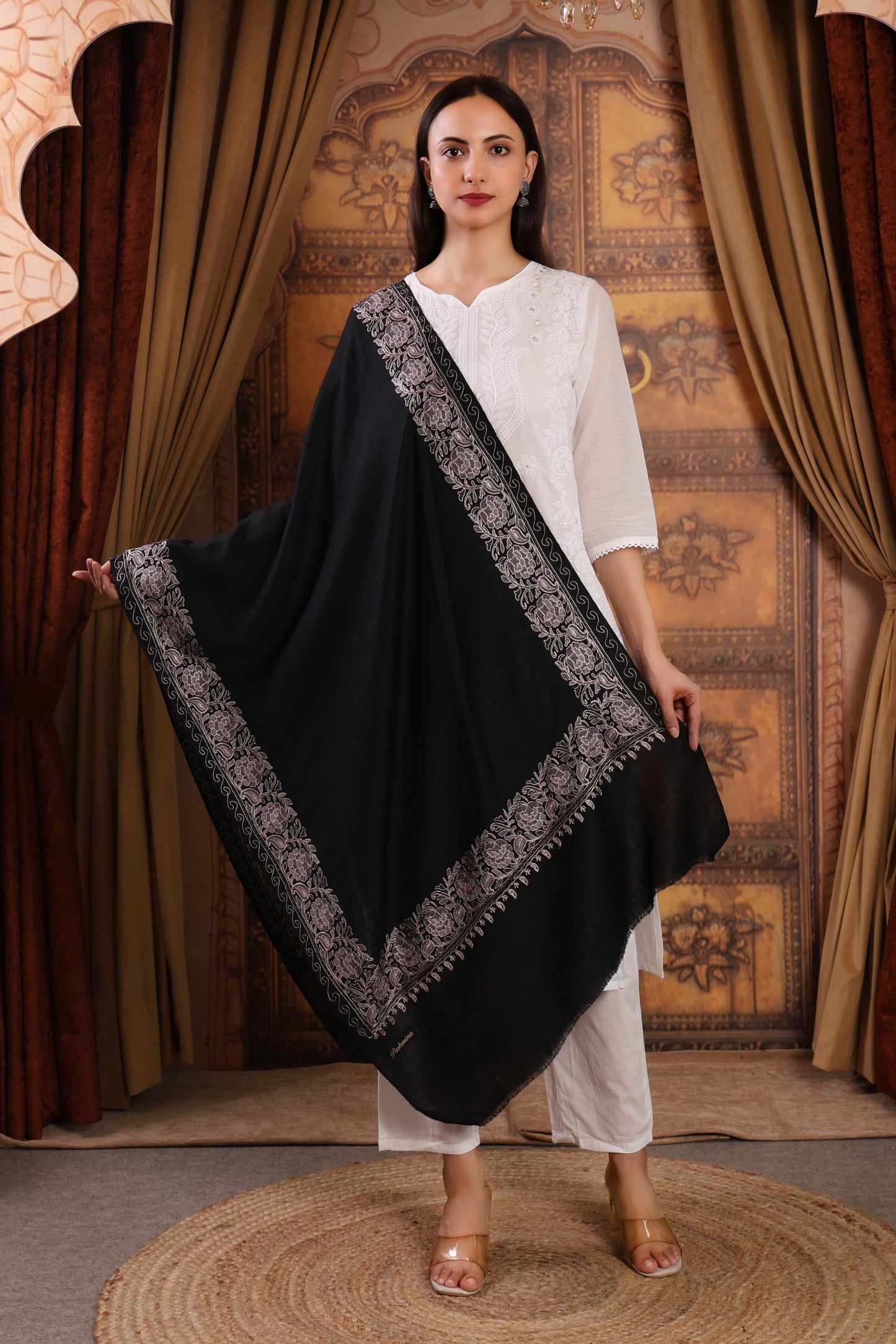 GIRRAJ PASHMINA BLACK BORDER STOLE
