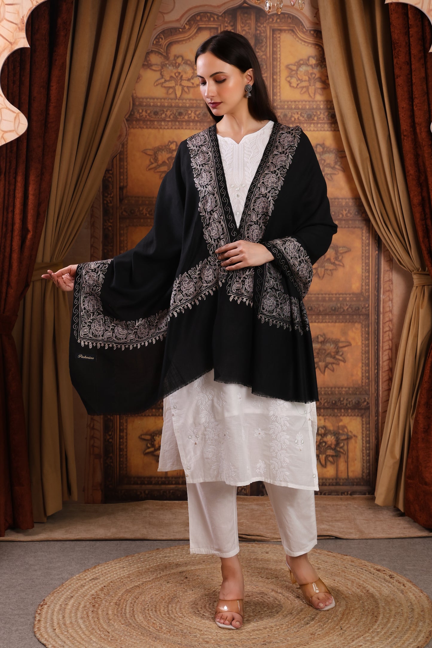 GIRRAJ PASHMINA BLACK BORDER STOLE