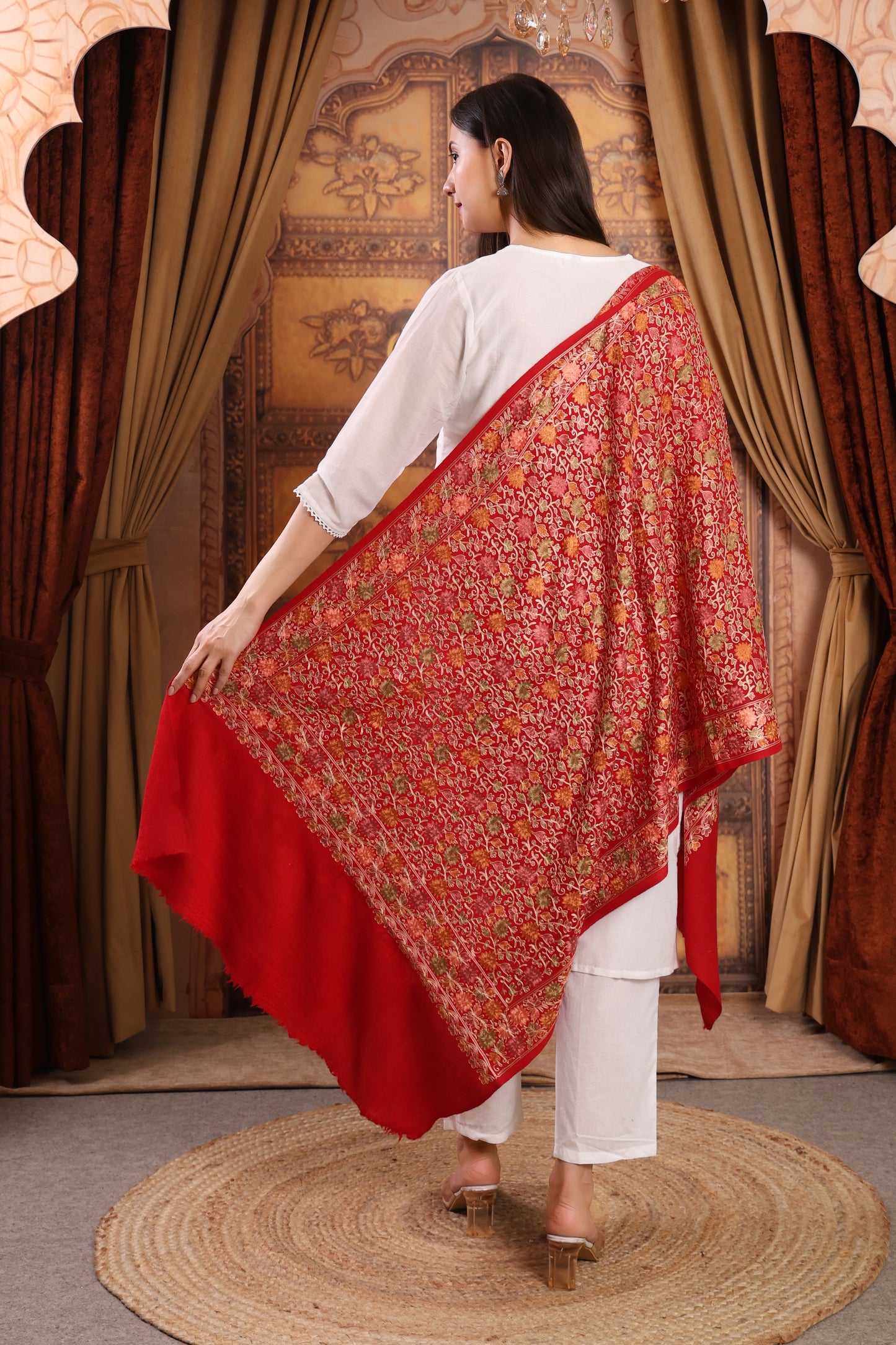 GIRRAJ PASHMINA RED COLOUR FULL EMBROIDERY STOLE