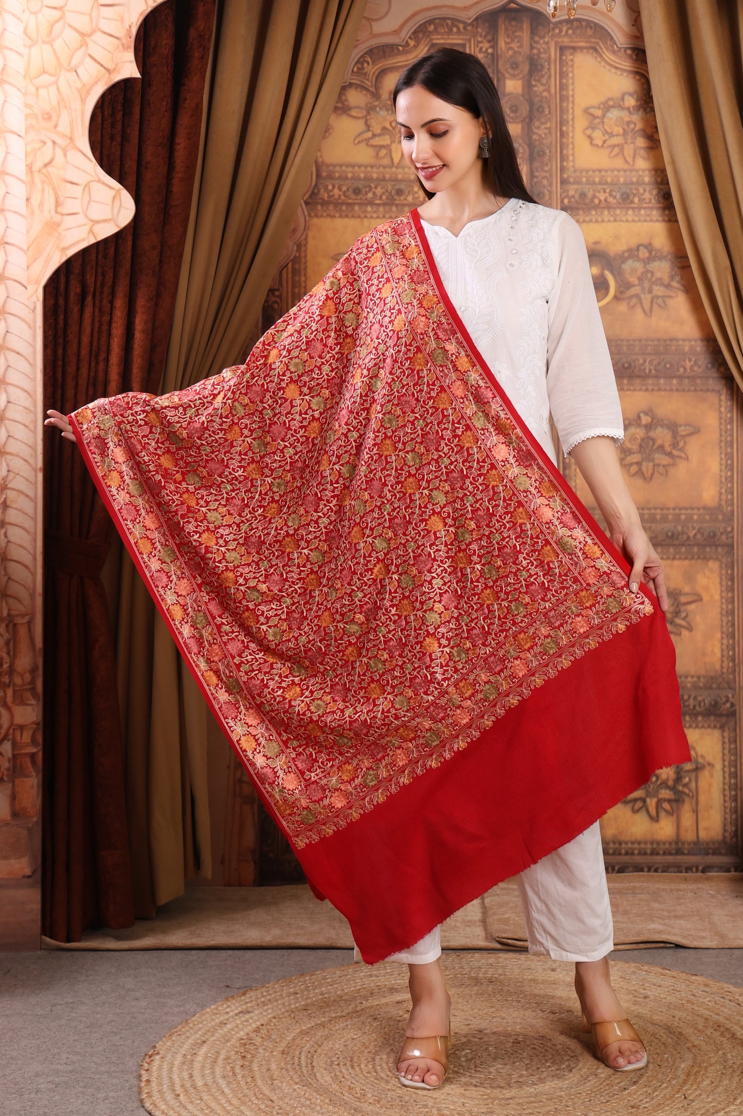 GIRRAJ PASHMINA RED COLOUR FULL EMBROIDERY STOLE