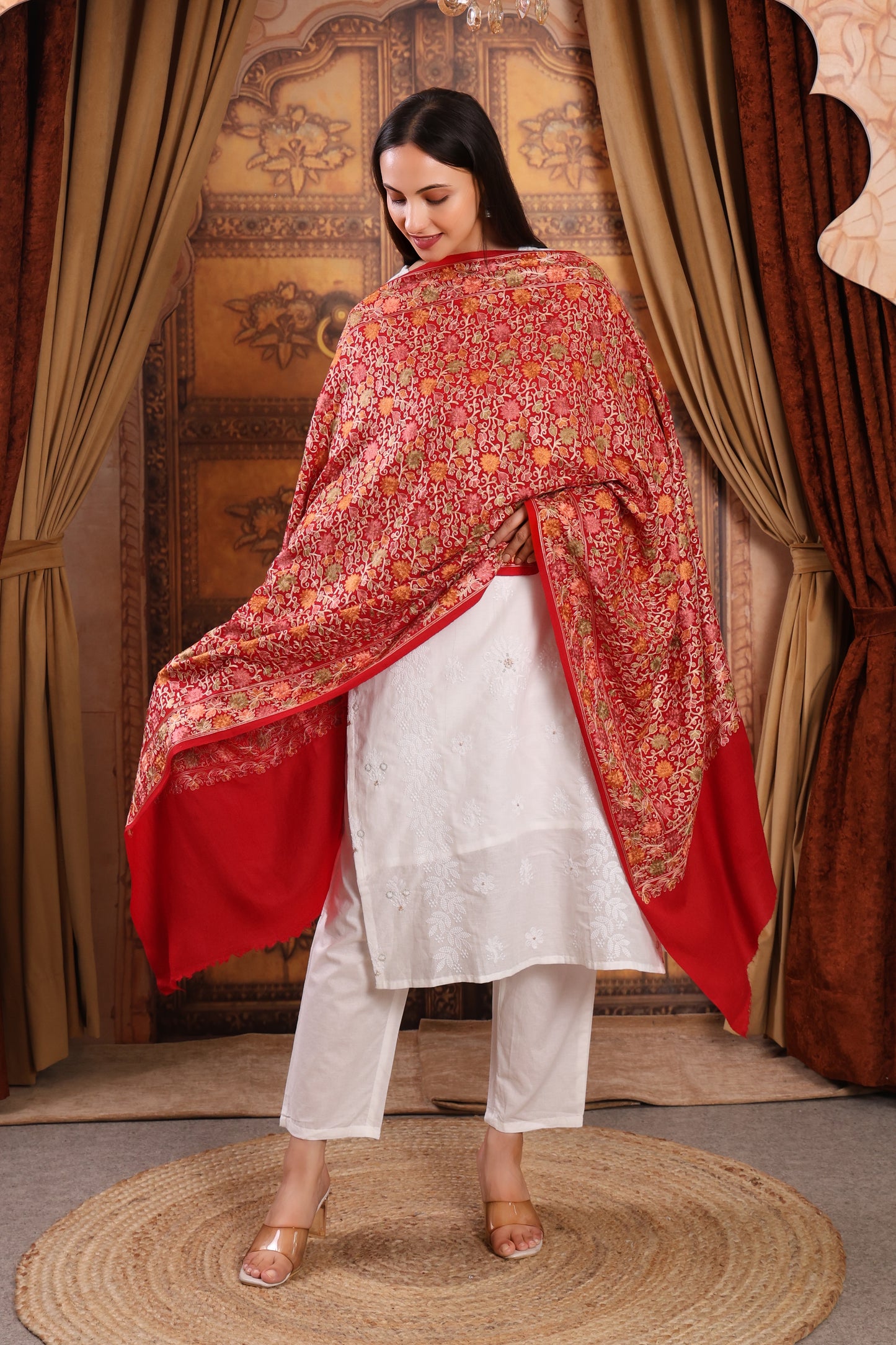 GIRRAJ PASHMINA RED COLOUR FULL EMBROIDERY STOLE