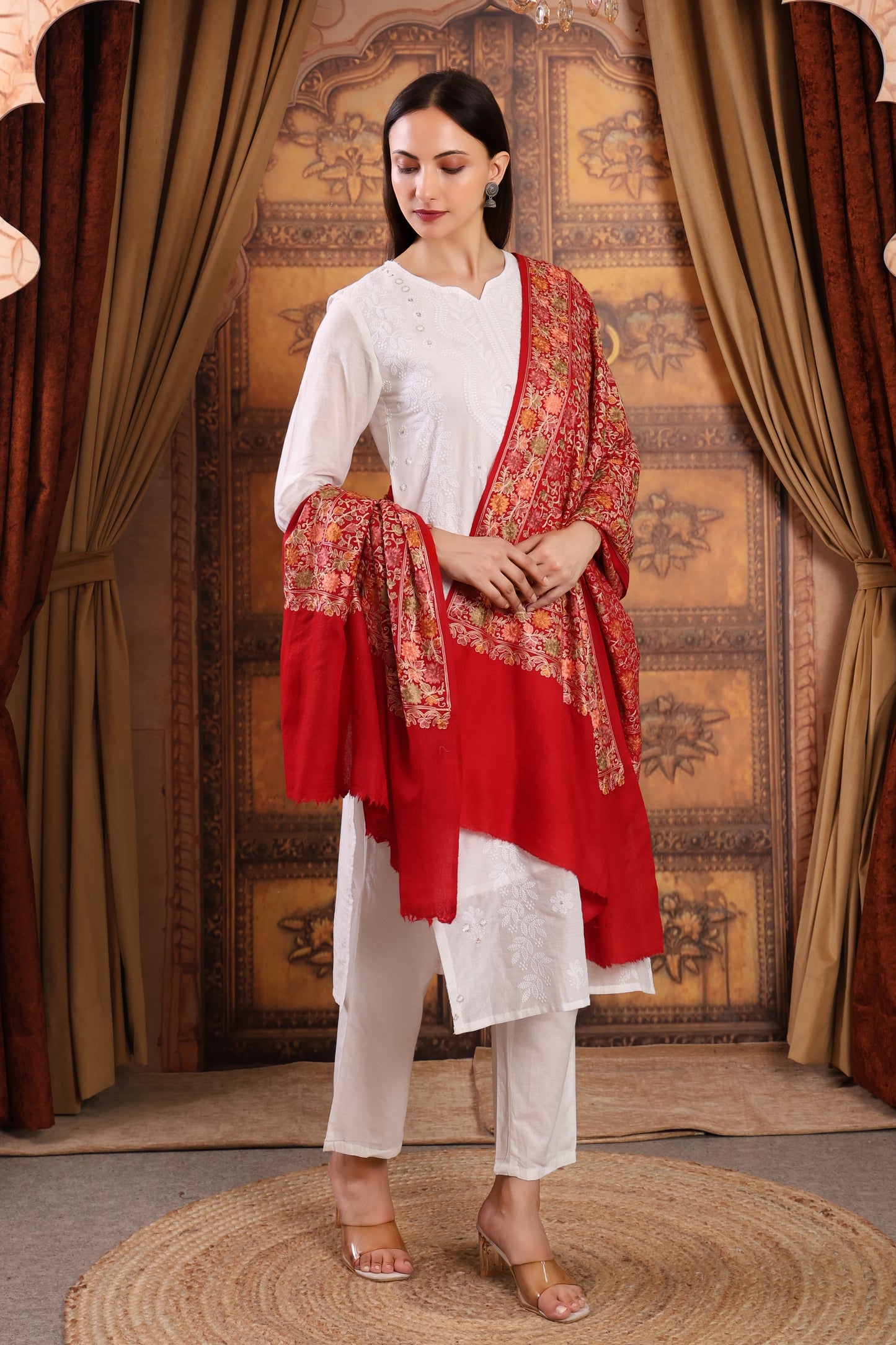 GIRRAJ PASHMINA RED COLOUR FULL EMBROIDERY STOLE