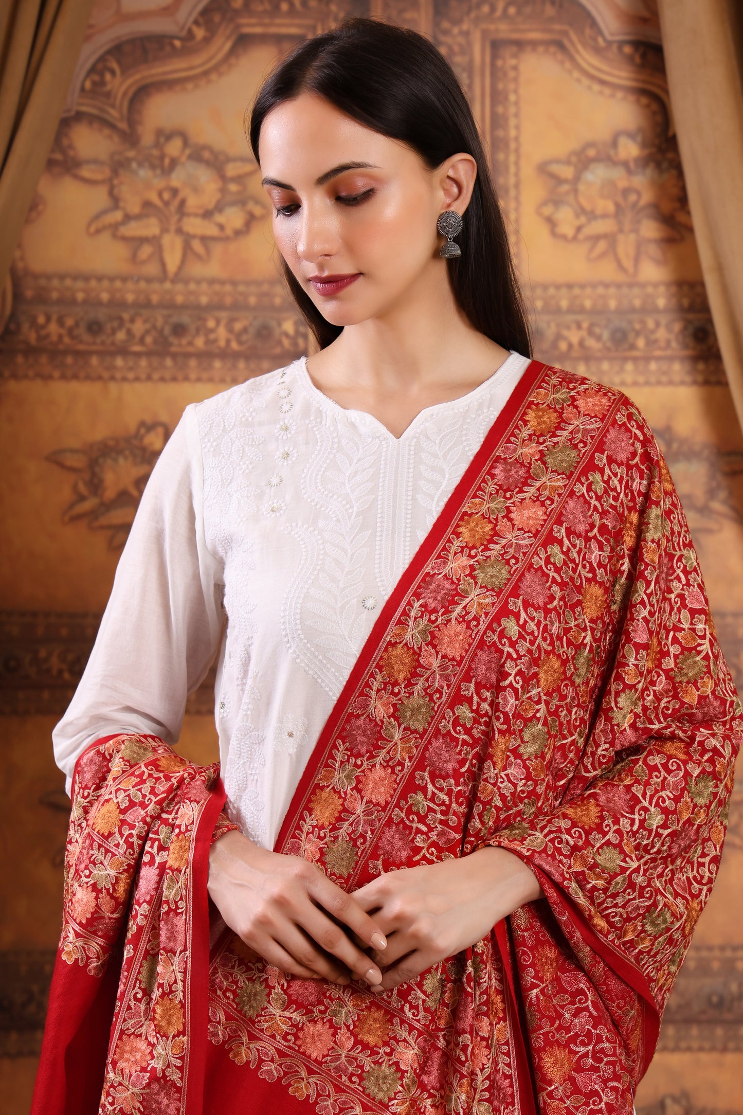 GIRRAJ PASHMINA RED COLOUR FULL EMBROIDERY STOLE