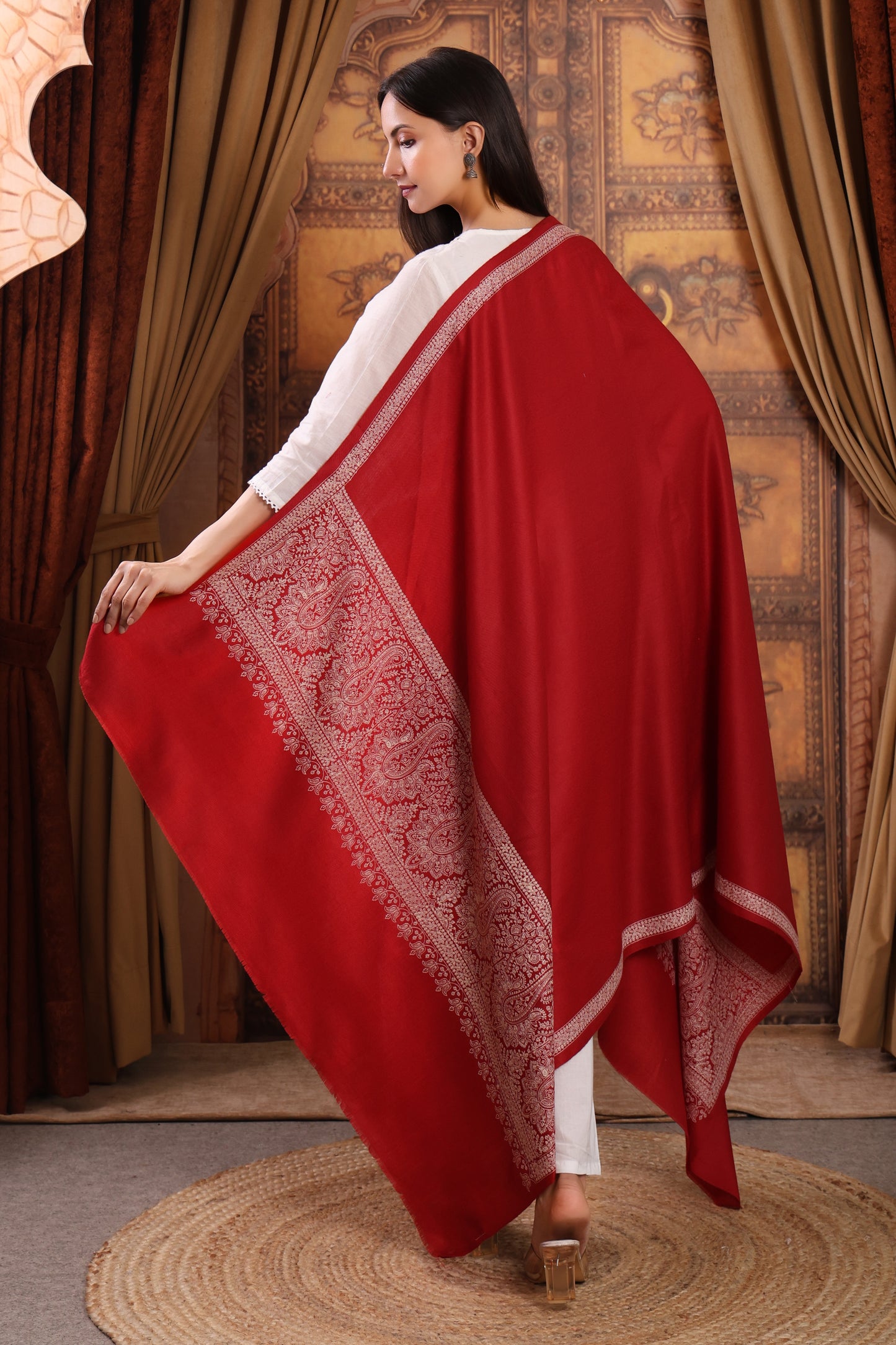 GIRRAJ PASHMINA AMBI PALLA KASHMIRI EMBROIDERY BORDER SHAWL