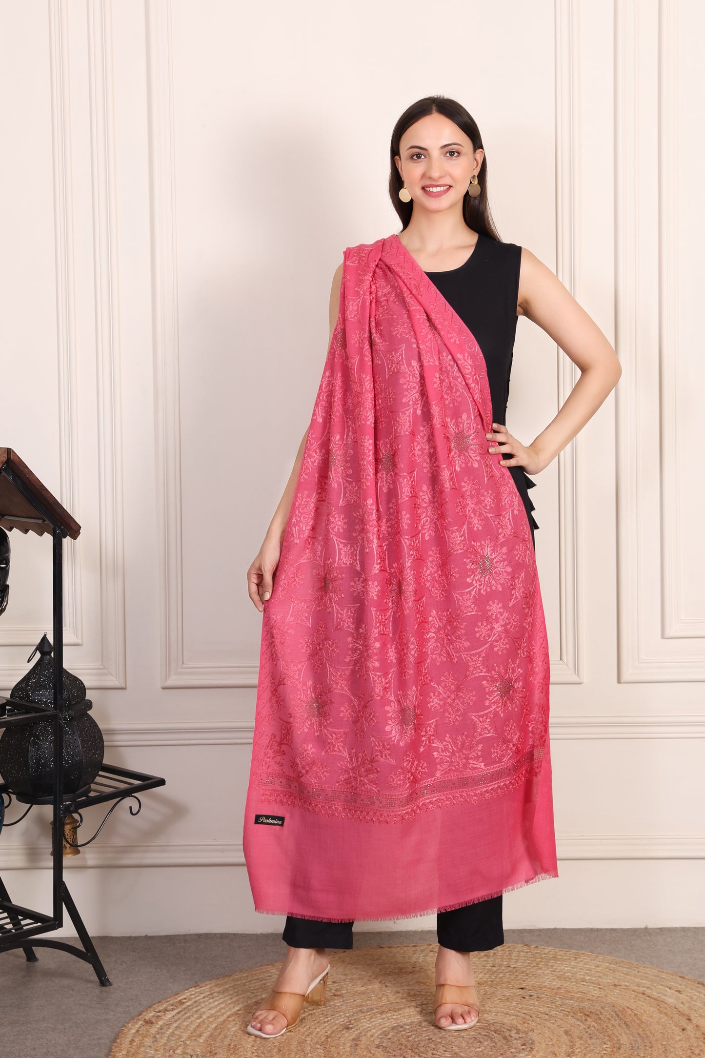 GIRRAJ PASHMINA SIROSKI SUNFLOWER DESIGN STOLE