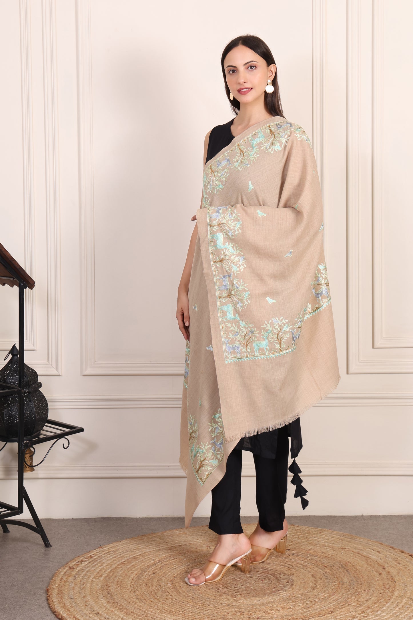 GIRRAJ PASHMINA DEER DESIGN BORDER