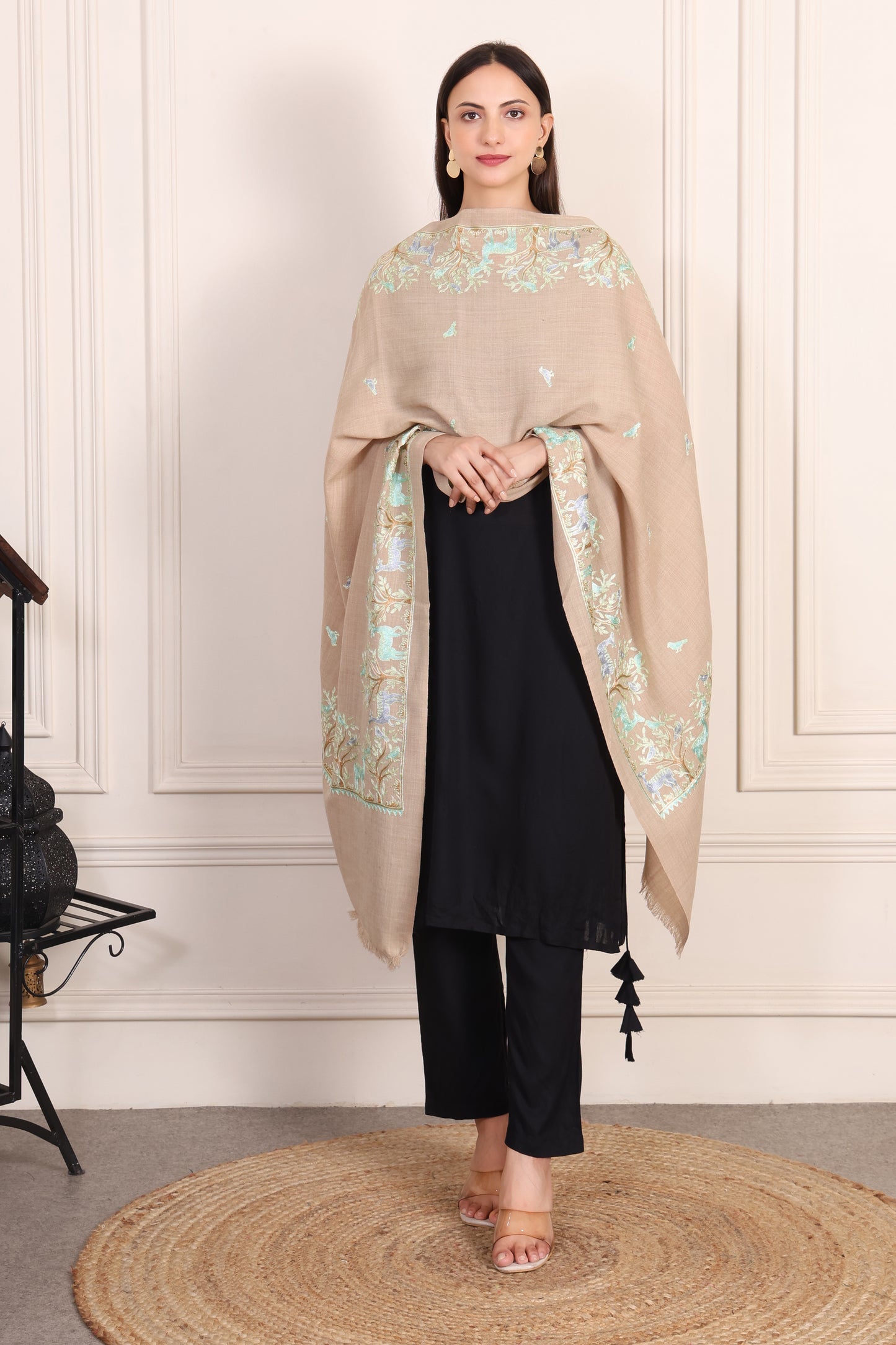 GIRRAJ PASHMINA DEER DESIGN BORDER