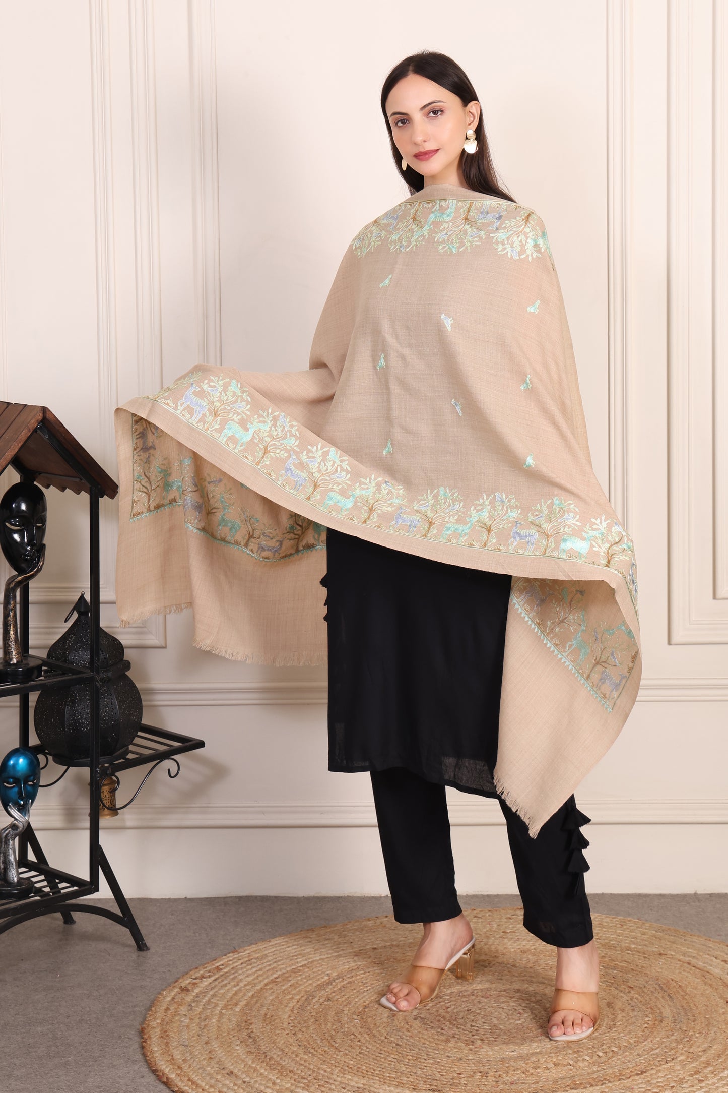 GIRRAJ PASHMINA DEER DESIGN BORDER