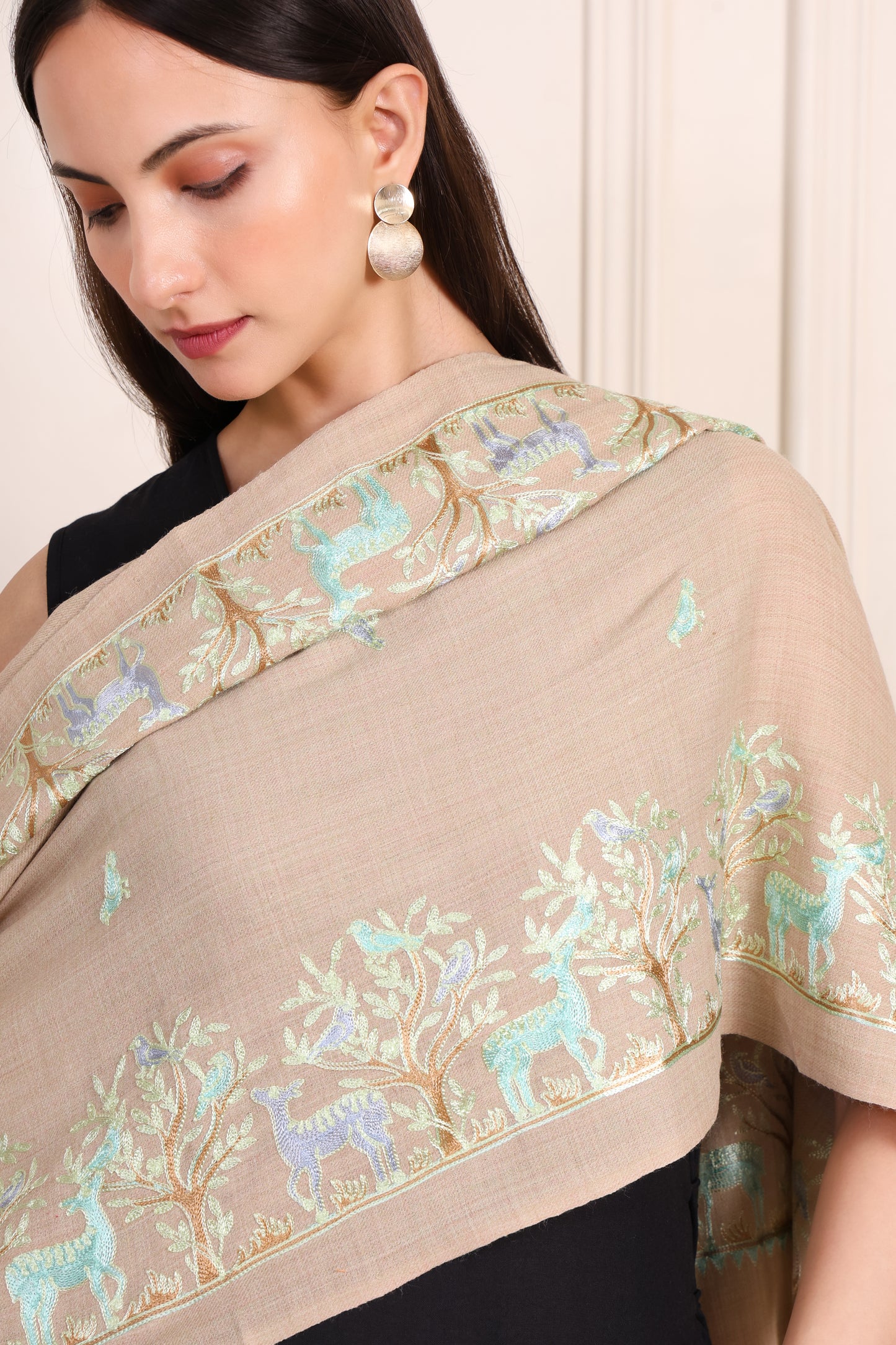 GIRRAJ PASHMINA DEER DESIGN BORDER