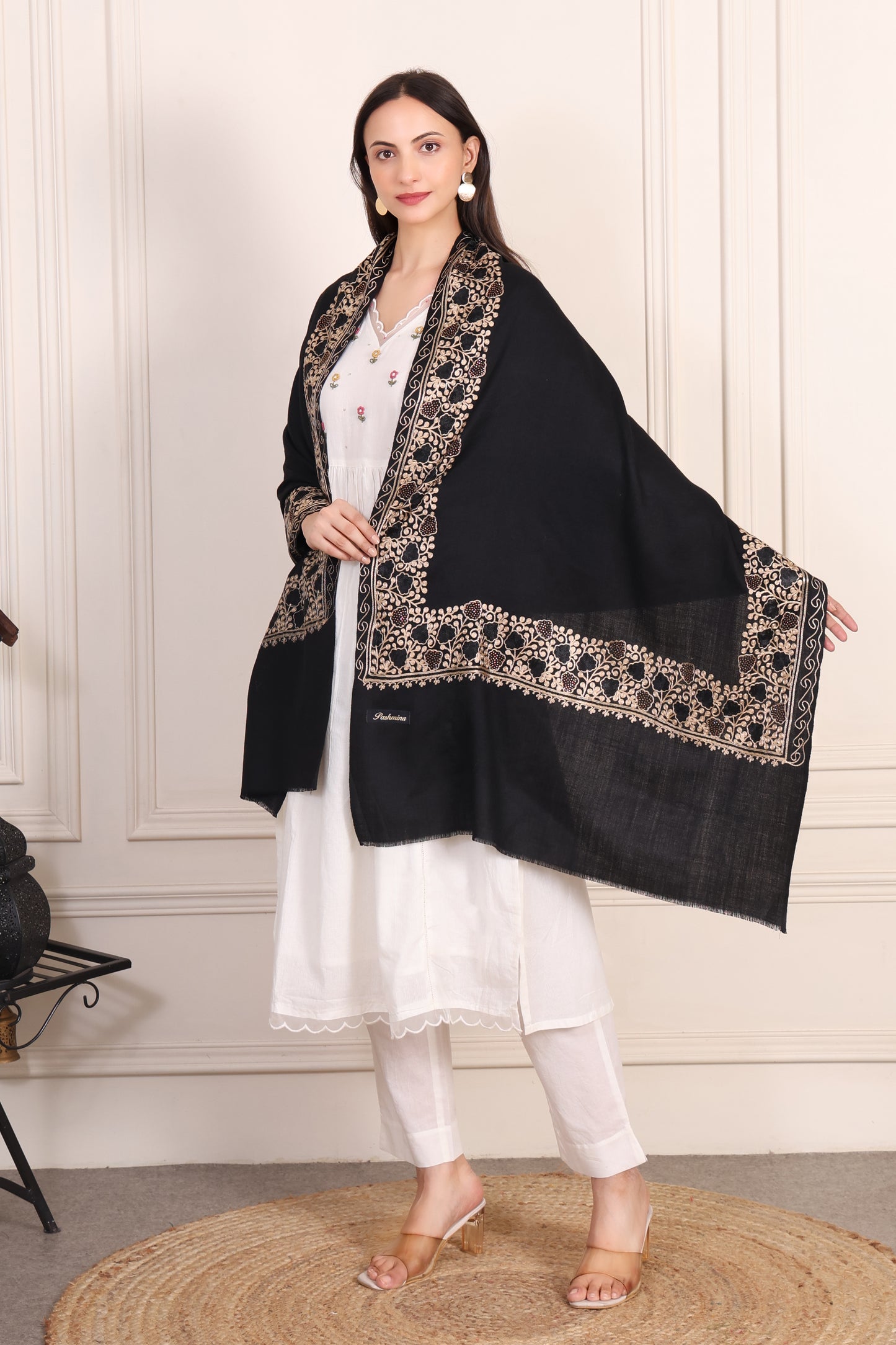 GIRRAJ PASHMINA EMBROIDERY SIROSKI BORDER STOLE