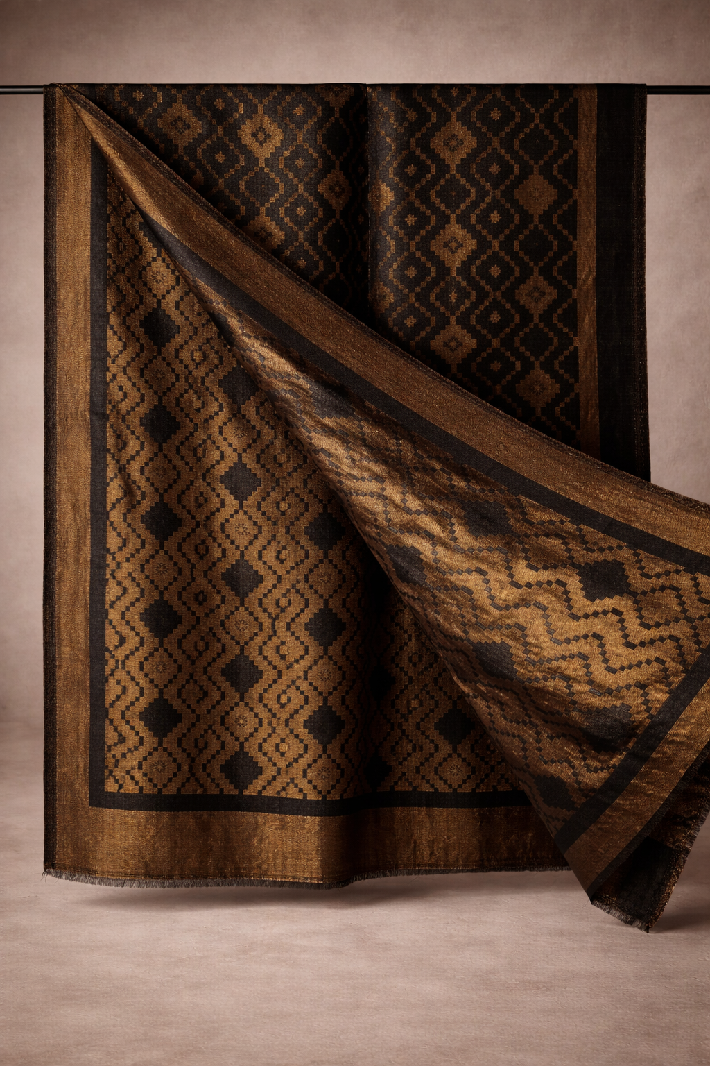 GIRRAJ WOMEN's Fine wool Black golden zari Barfi design color : Black size : 70x200 cms price 1799 stock 3 pc
