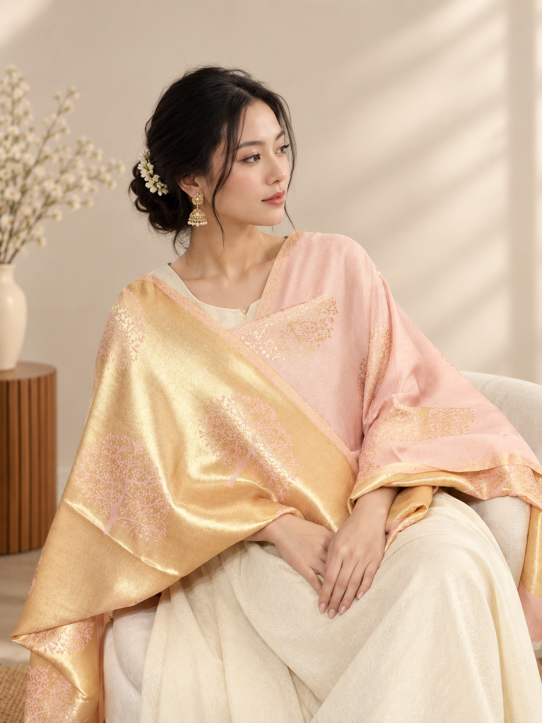 GIRRAJ WOMEN'S GOLDEN TREE FLIP REVERSIBLE STOLE