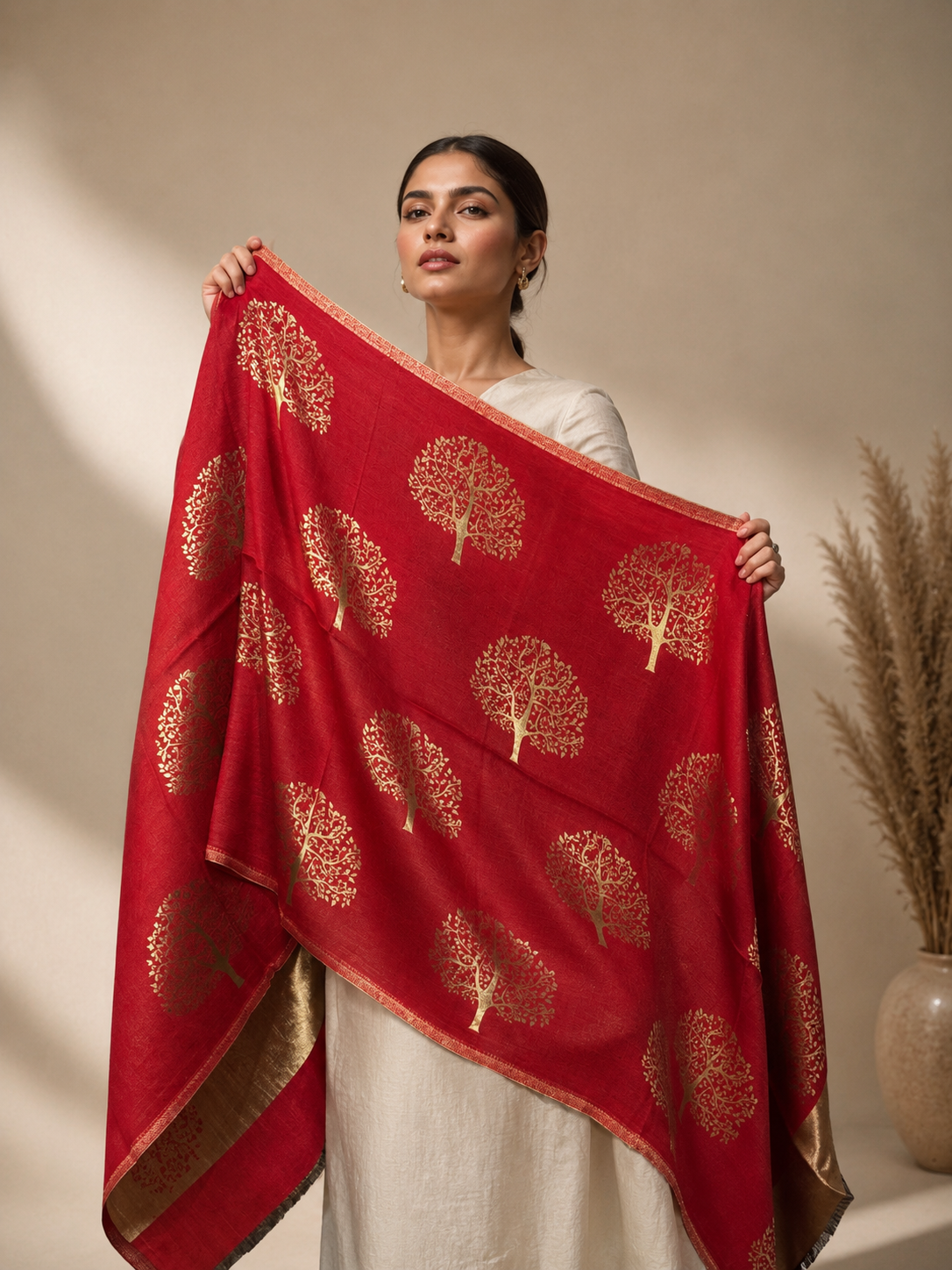 GIRRAJ WOMEN'S GOLDEN TREE FLIP REVERSIBLE STOLE