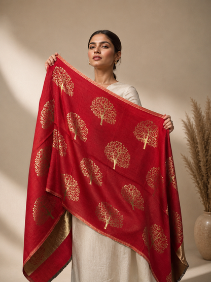 GIRRAJ WOMEN'S GOLDEN TREE FLIP REVERSIBLE STOLE