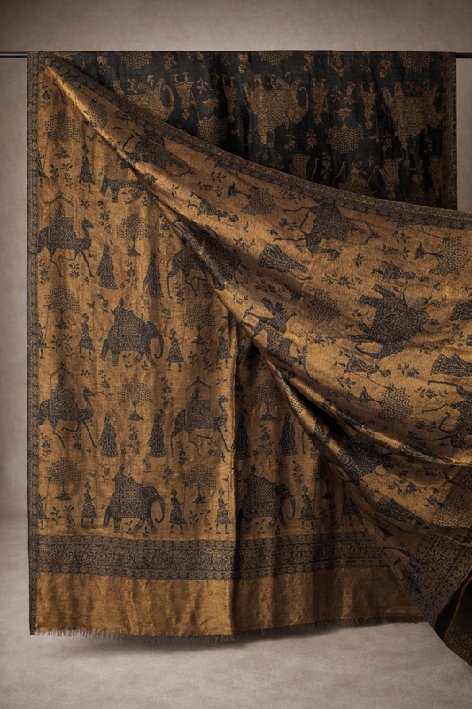 GIRRAJ WOMEN's Fine wool Black golden zari elephant design